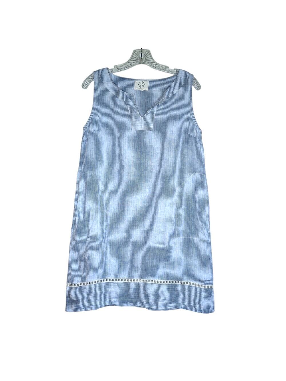 Pomegranate Blue & White Striped Linen Sleeveless Shift Dress, size Large